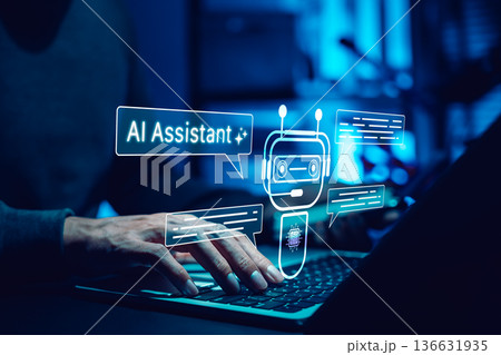 AI assistant chatbot concept. Person using laptop with robot icons and message bubbles, symbolizing artificial intelligence, virtual support, automation, smart communication technology, AI Agent, 136631935