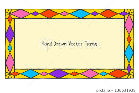 Whimsical banner with frame, playful coquette ornamental border line art. Hand drawn doodle sketch style design, black ink brush stroke graphic. Good for holiday invitations, birthday cards 136631939