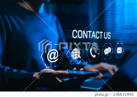 Contact us concept with icons for email, web, phone, call, and chat representing customer service, tech support, online business and communication platforms. modern digital business connectivity 136631950