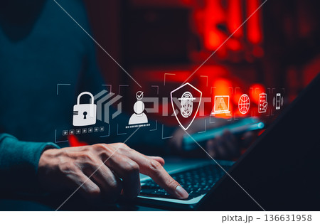 Cybersecurity and identity protection concept. User accessing digital system with icons of password, fingerprint, lock, biometric authentication, symbolizing secure login, privacy, data access control Cybersecurity and identity protection concept. User accessing digital system with icons of password, fingerprint, lock, biometric authentication, symbolizing secure login, privacy, data access control 136631958
