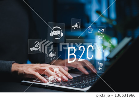 B2C Business to Consumer Marketing Concept. Person using laptop with icons for e-commerce, customer service, delivery, targeting, logistics representing online retail strategy and consumer engagement. B2C Business to Consumer Marketing Concept. Person using laptop with icons for e-commerce, customer service, delivery, targeting, logistics representing online retail strategy and consumer engagement. 136631960