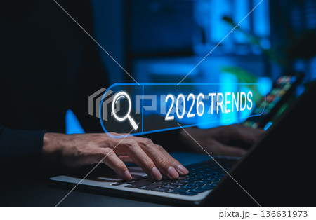 Trends 2026 year concept. Businessman using search bar with 2026 Trends text. Ideal for future technology, digital innovation, SEO marketing, market forecast, business strategy upcoming trend. 136631973