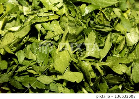 Close up of chopped fresh green herbs basil coriander parsley Close up of chopped fresh green herbs basil coriander parsley 136632008