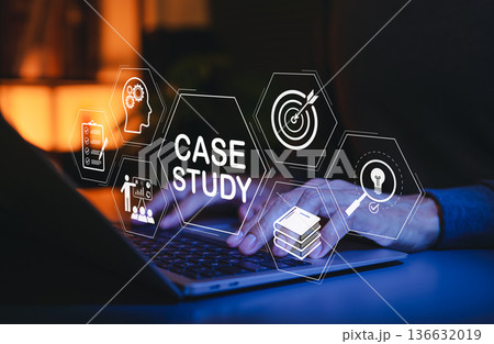 Case study concept. Businessman analyzing strategy and insight on laptop with icon of goals, research, innovation, performance metrics for education, business growth, learning in corporate development Case study concept. Businessman analyzing strategy and insight on laptop with icon of goals, research, innovation, performance metrics for education, business growth, learning in corporate development 136632019