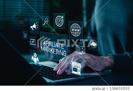 Affiliate marketing strategy concept. Person using laptop with icons showing online promotion, advertising, sales commission, tracking links, and digital content monetization on ecommerce platforms. 136632035