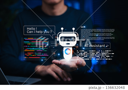 AI coding assistant for software development concept. machine learning code, Programmer holding virtual assistant code and AI robot represent artificial intelligence, AI programming, development tools 136632048
