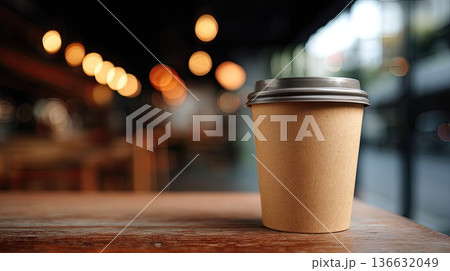 Takeaway coffee cup on wooden table in modern cafe with blurred lights, cozy atmosphere, urban coffee shop, morning break. 136632049