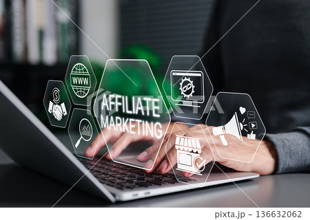 Affiliate marketing strategy concept. Person using laptop with icons showing online promotion, advertising, sales commission, tracking links, and digital content monetization on ecommerce platforms. Affiliate marketing strategy concept. Person using laptop with icons showing online promotion, advertising, sales commission, tracking links, and digital content monetization on ecommerce platforms. 136632062