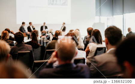 Interview and round table discussion at business convention and presentation. Audience at the conference hall. Business and entrepreneurship symposium. 136632100