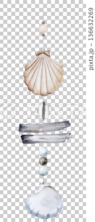 Vertical watercolor seashell garland with beads on string, coastal boho wedding illustration Vertical watercolor seashell garland with beads on string, coastal boho wedding illustration 136632269