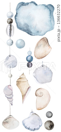 Vertical watercolor seashell garland with beads on string, coastal boho wedding illustration Vertical watercolor seashell garland with beads on string, coastal boho wedding illustration 136632270