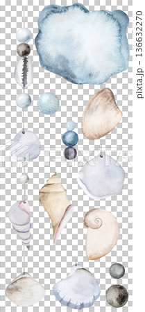 Vertical watercolor seashell garland with beads on string, coastal boho wedding illustration 136632270