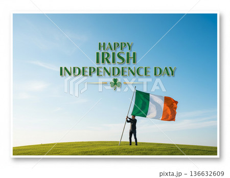 Man Holding Ireland Flag Under Blue Sky for Independence Day 136632609