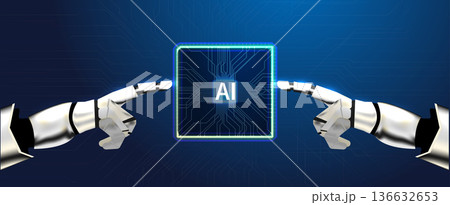 Two metallic robotic hands are reaching toward a square AI chip. The background is blue with circuit patterns. This scene shows a focus on technology and artificial intelligence. Two metallic robotic hands are reaching toward a square AI chip. The background is blue with circuit patterns. This scene shows a focus on technology and artificial intelligence. 136632653