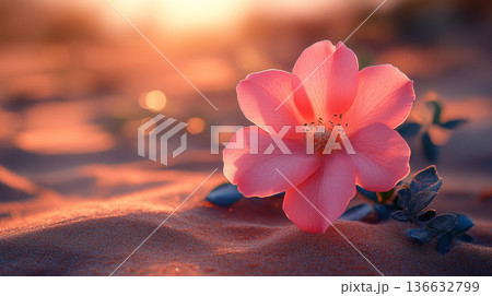 Pink rose flower blooming on sandy beach with golden sunset background, displaying delicate petals and dark center against warm evening glow Pink rose flower blooming on sandy beach with golden sunset background, displaying delicate petals and dark center against warm evening glow 136632799