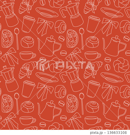 Hand-drawn seamless pattern made of coffee equipment and breakfast elements for cafe or coffee shop branding and packaging 136633108