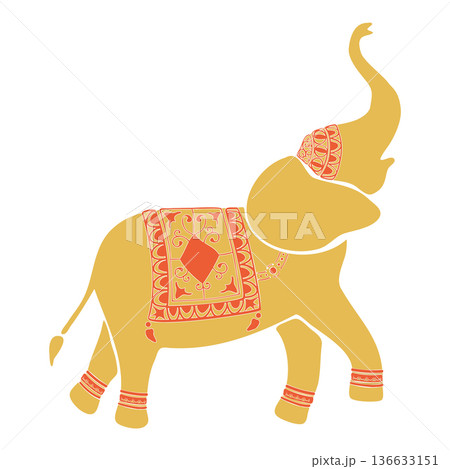 Indian Elephant with traditional festive jewelry, ornament carpet. Hand drawn vector illustration. Flat icon character design, for oriental magazines, maps greeting cards, animal clip arts. 136633151