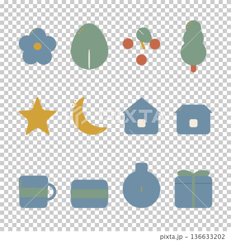 Set of 12 Scandinavian-style simple icons: flowers, leaves, berries, trees, stars, moons, houses, mugs, cushions, vases Set of 12 Scandinavian-style simple icons: flowers, leaves, berries, trees, stars, moons, houses, mugs, cushions, vases 136633202