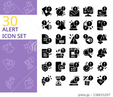 set of 30 alert,warning,caution,notification solid glyph style icon 136633207