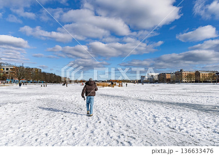 Frozen lake with people walking on ice. Copenhagen, Denmark 136633476