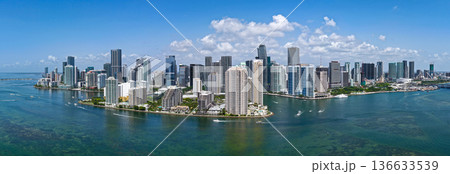 Panorama of Brickell in Miami. Brickell skyline on a sunny day. Panorama view of Brickell. Brickell famous panorama. Miami downtown landscape. 136633539