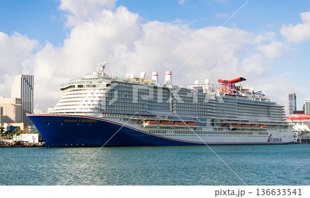 Miami, Florida, USA - November 03, 2024: Carnival celebration. Cruise ship vacation. Cruise ship in summer vacation. Cruise ship vacation travel at sea. Luxury liner. Ship leaving Miami beach port Miami, Florida, USA - November 03, 2024: Carnival celebration. Cruise ship vacation. Cruise ship in summer vacation. Cruise ship vacation travel at sea. Luxury liner. Ship leaving Miami beach port 136633541