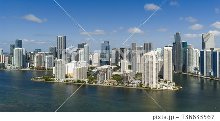 Aerial view of Brickell skyline in downtown Miami. Skyscrapers above Miami. Scenic panorama of Miamis financial district. Brickell in Miami city. Miami Urban landscape with buildings cityscape. 136633567