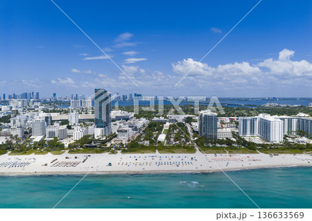 Aerial view of Miami beach coastline. Skyline and skyscrapers at Miami Beach. Summer Miamis vibes. Panoramic cityscape of Miami Beach. Famous landmarks of Miami. 136633569