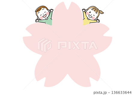 かわいい子供たちと桜の花のフレーム 136633644