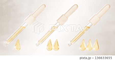 3d pipette set with gold drops of serum, oil or essence. Glass dropper mockup with yellow liquid cosmetic droplets for face, hair, cuticles. Golden drips of perfume or medical product. 3D illustration 136633655