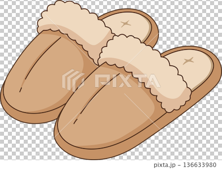 Minimalist Hand Drawn Illustration of Brown Fluffy House Slippers with Faux Fur Lining for Cozy Loungewear and Home Comfort Concept 136633980