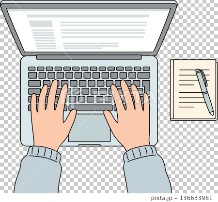 Top View Minimalist Illustration of Hands Typing on Laptop Keyboard with Notebook and Pen for Remote Work and Productivity Concept Top View Minimalist Illustration of Hands Typing on Laptop Keyboard with Notebook and Pen for Remote Work and Productivity Concept 136633981
