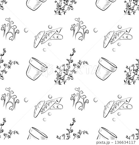 A seamless pattern of linear drawings of a pot, sprouts, greenery, and peas 136634117
