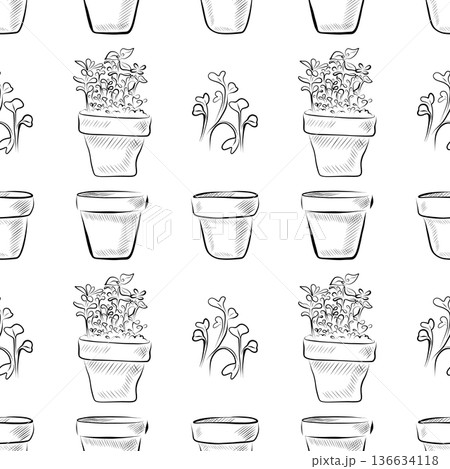 Seamless pattern of linear drawings of a pot with sprouts and peas. Minimalistic 136634118
