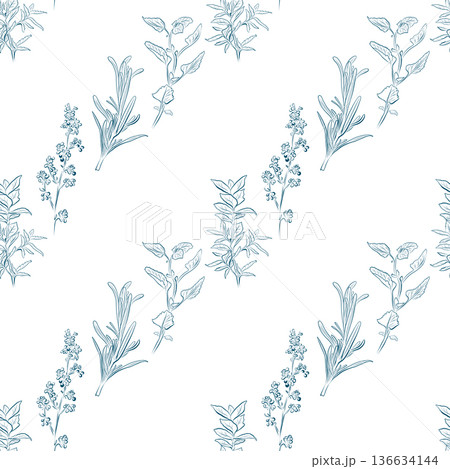 A seamless pattern of line drawings featuring a set of herbs and flowers A seamless pattern of line drawings featuring a set of herbs and flowers 136634144