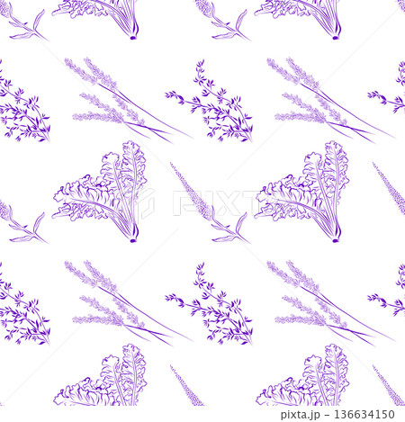 A seamless pattern of line drawings featuring a set of herbs and flowers. 136634150