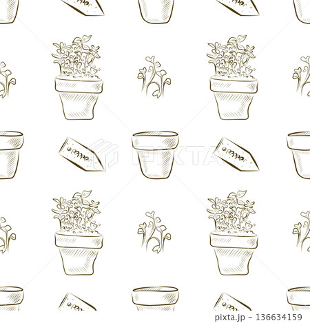 Seamless pattern of linear drawings a pot with sprouts, a sign PEPPER. 136634159