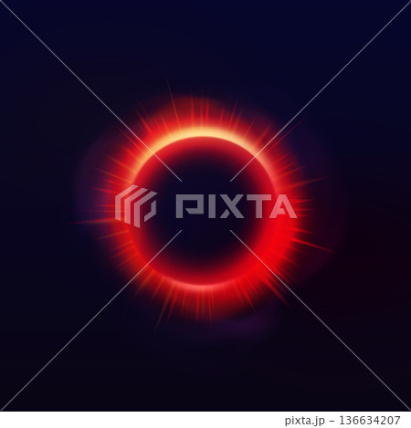 Red circles neon halo with smoke and rays, glowing ring with bright luminous on dark background, vector planet eclipse 136634207