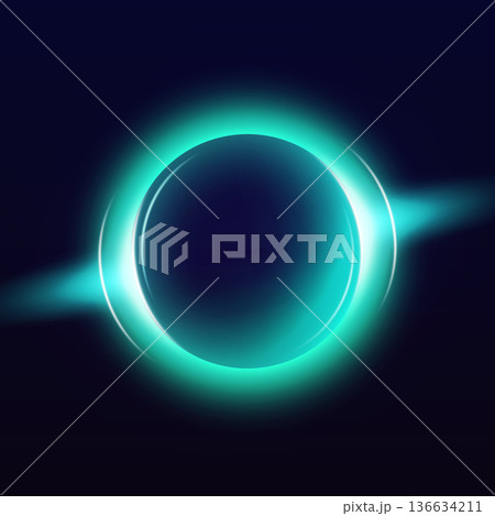 Sphere with green neon halo effect, glowing ring with luminous round aura on dark background, magic ball vector design 136634211