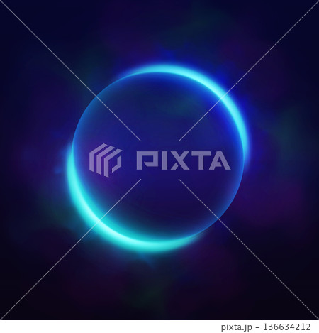 Abstract frame with a bright neon blue halo, with a fog effect, on a black isolated background. 136634212
