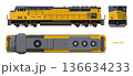 Isolated diesel cargo train. 3d drawing of yellow locomotive. Railway delivery. Side, top and front railroad vehicle view. 136634233