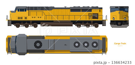 Isolated diesel cargo train. 3d drawing of yellow locomotive. Railway delivery. Side, top and front railroad vehicle view. Isolated diesel cargo train. 3d drawing of yellow locomotive. Railway delivery. Side, top and front railroad vehicle view. 136634233
