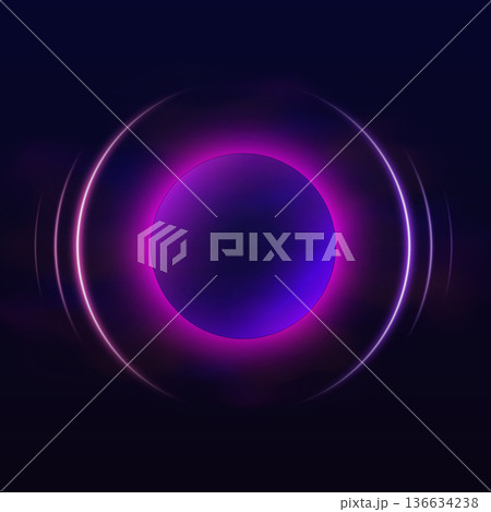 Sphere with purple neon round halo effect, glowing ring with luminous circles aura on dark background vector design Sphere with purple neon round halo effect, glowing ring with luminous circles aura on dark background vector design 136634238