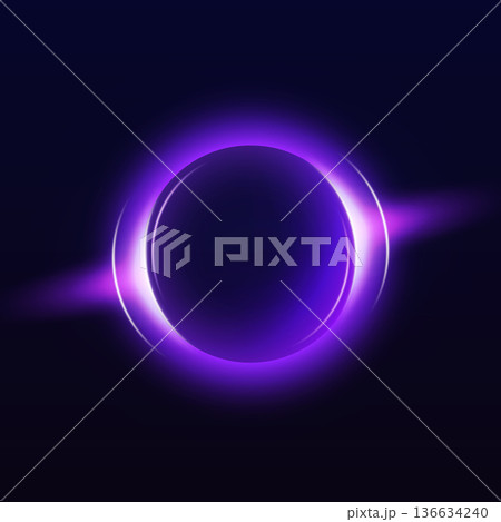 Sphere with blue neon halo effect, glowing gradient ring, luminous round aura on dark background, vector bright eclipse 136634240