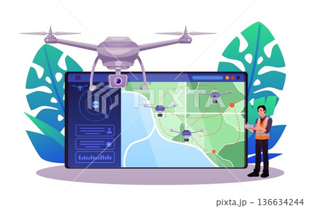 Drone operator using UAV remote control, vector flat map on computer screen with navigation of unmanned aerial vehicles 136634244