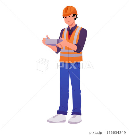Drone operator using UAV remote control, vector flat engineer in orange helmet vest, Unmanned aerial vehicle operator 136634249