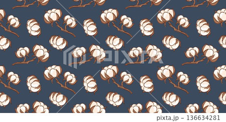 Seamless pattern with cotton flower on branch on dark background in flat style. Illustration textile design for fabric, packaging, wallpaper and natural organic branding. 136634281