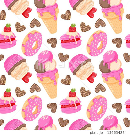 Seamless Valentine day dessert pattern with ice cream, donut, macaron and heart cookie. Cute flat illustration background for wallpaper, cards, textiles and romantic design. Seamless Valentine day dessert pattern with ice cream, donut, macaron and heart cookie. Cute flat illustration background for wallpaper, cards, textiles and romantic design. 136634284