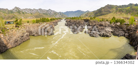 Narrowest and deepest section of Katun river with lava banks in Altai Russia. View from Oroktoy bridge reveals powerful mountain stream cutting through rocky gorge. Narrowest and deepest section of Katun river with lava banks in Altai Russia. View from Oroktoy bridge reveals powerful mountain stream cutting through rocky gorge. 136634302