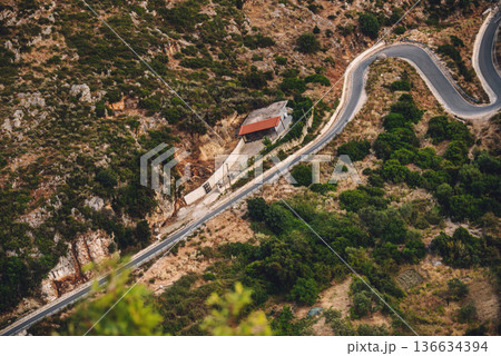 Aerial view of winding mountain road near Borsh Castle 136634394